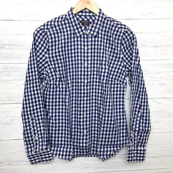 New UNTUCKit Women's Shirt Navy Blue & White Gingham Belleza Button Up size 4 - Picture 1 of 8